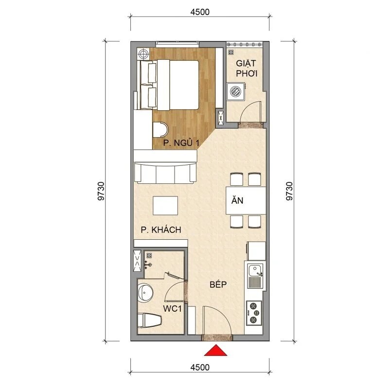 Thiết kế căn 1PN + 1: 43,8 m²