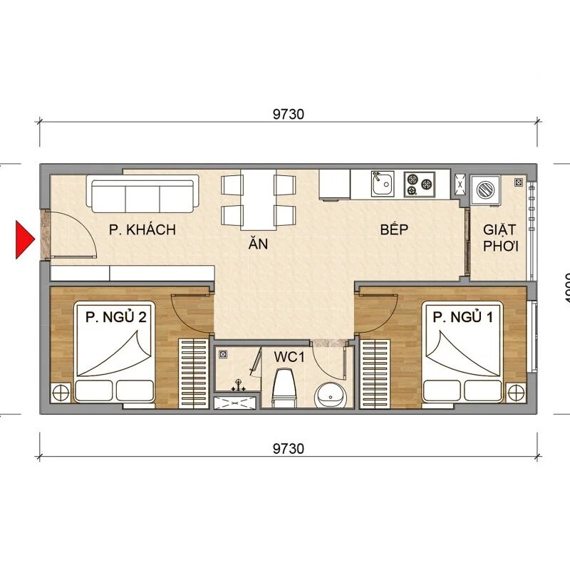 Thiết kế căn 2PN 47,7 m²