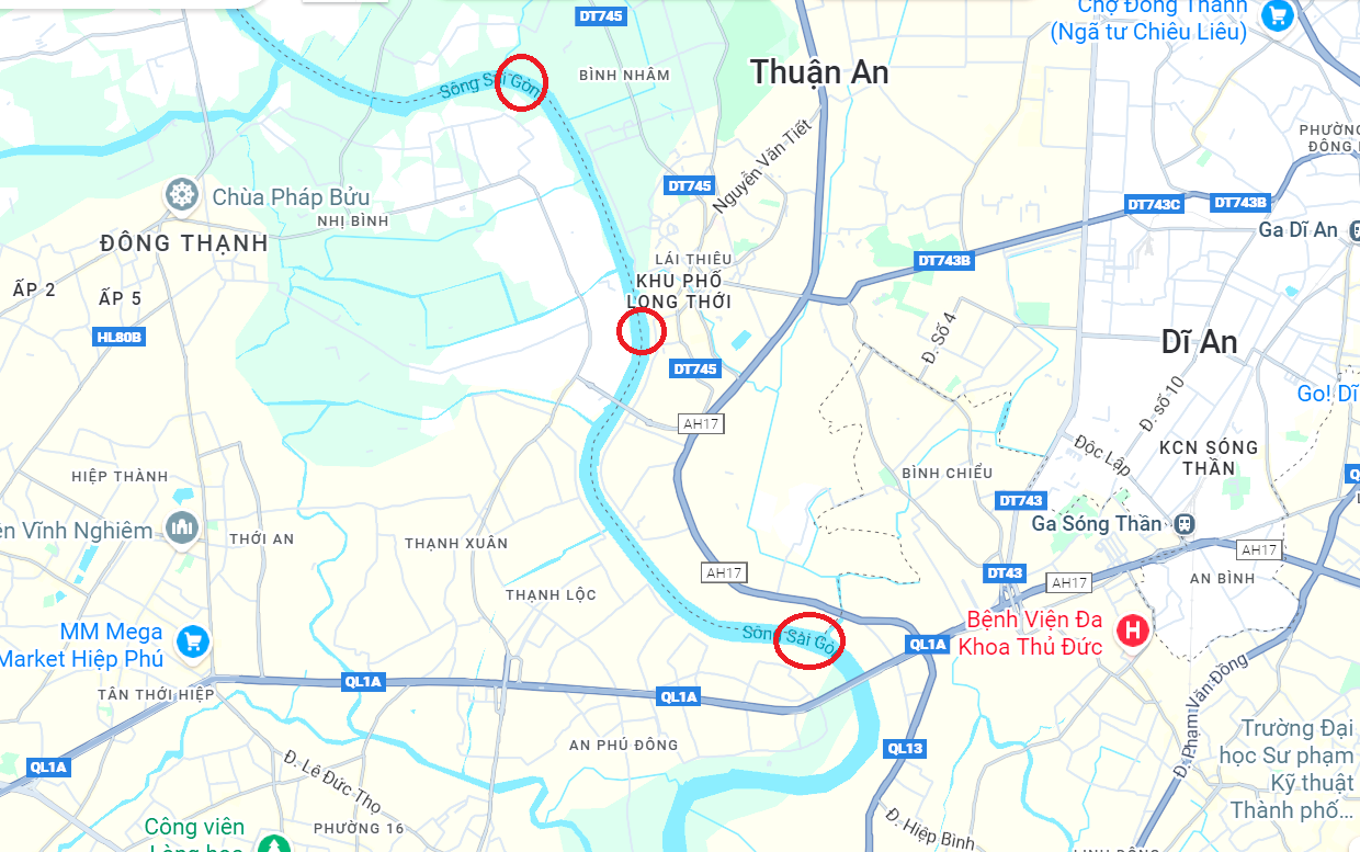 Vị trí dự kiến xây 3 cầu vượt sông Sài Gòn nối Bình Dương cũ - TPHCM 